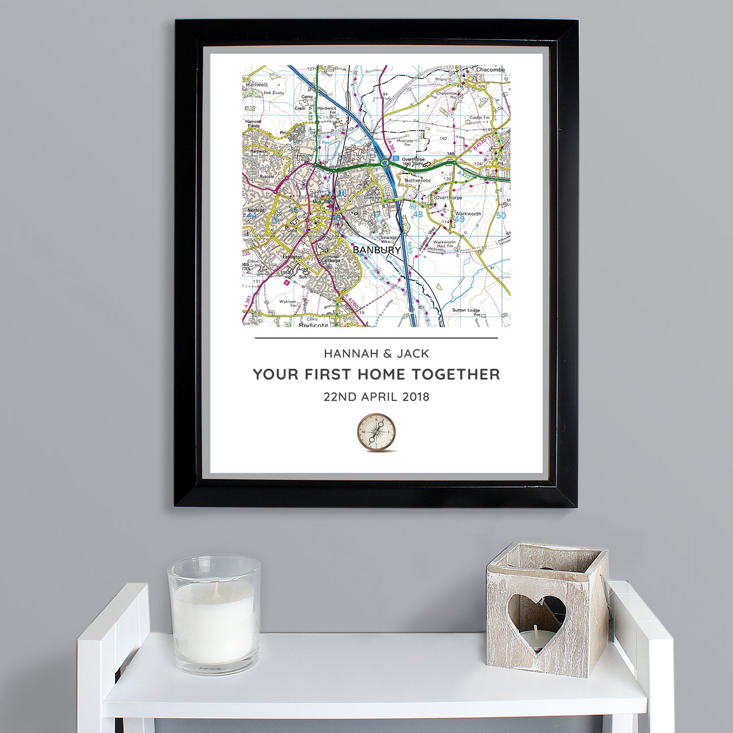 Personalised Present Day Map Compass Black Framed Print - Personalise It!