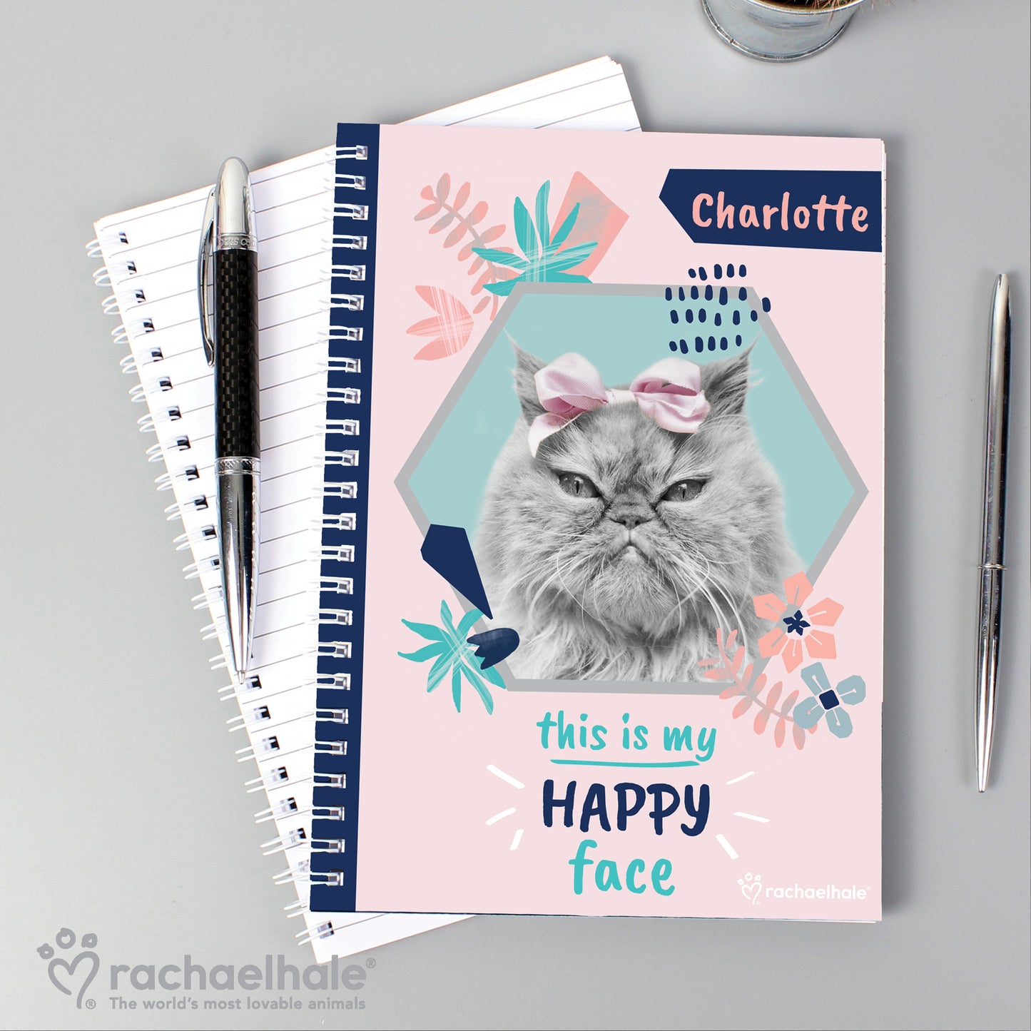 Personalised Rachael Hale 'Happy Face' Cat A5 Notebook - Personalise It!