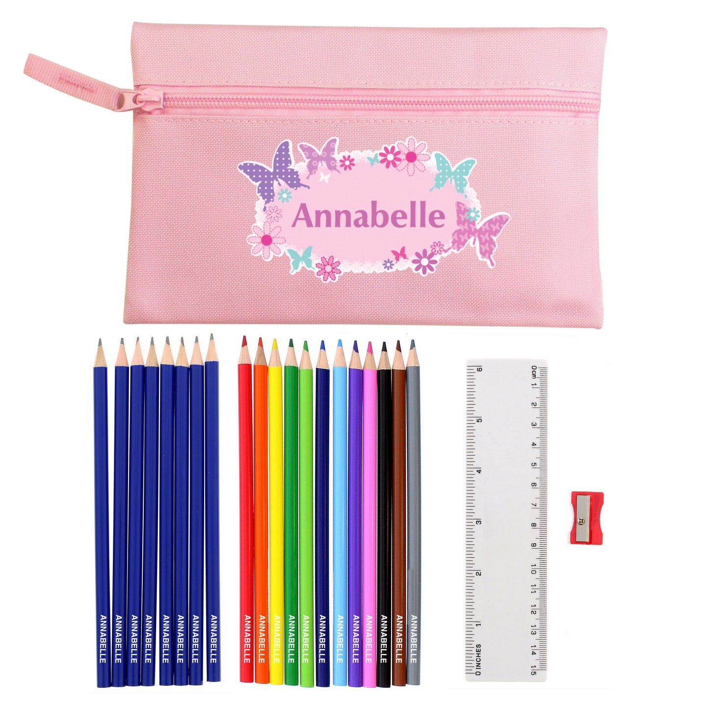 Pink Butterfly Pencil Case with Personalised Pencils & Crayons - Personalise It!