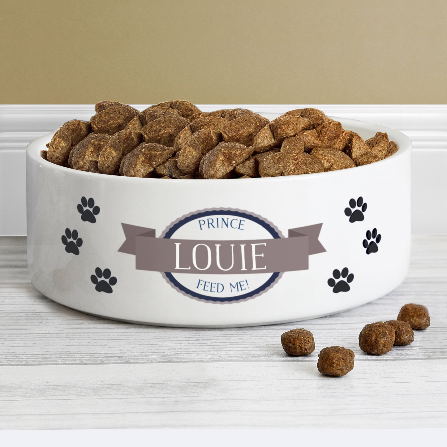 Personalised Blue Paws 14cm Medium White Pet Bowl - Personalise It!