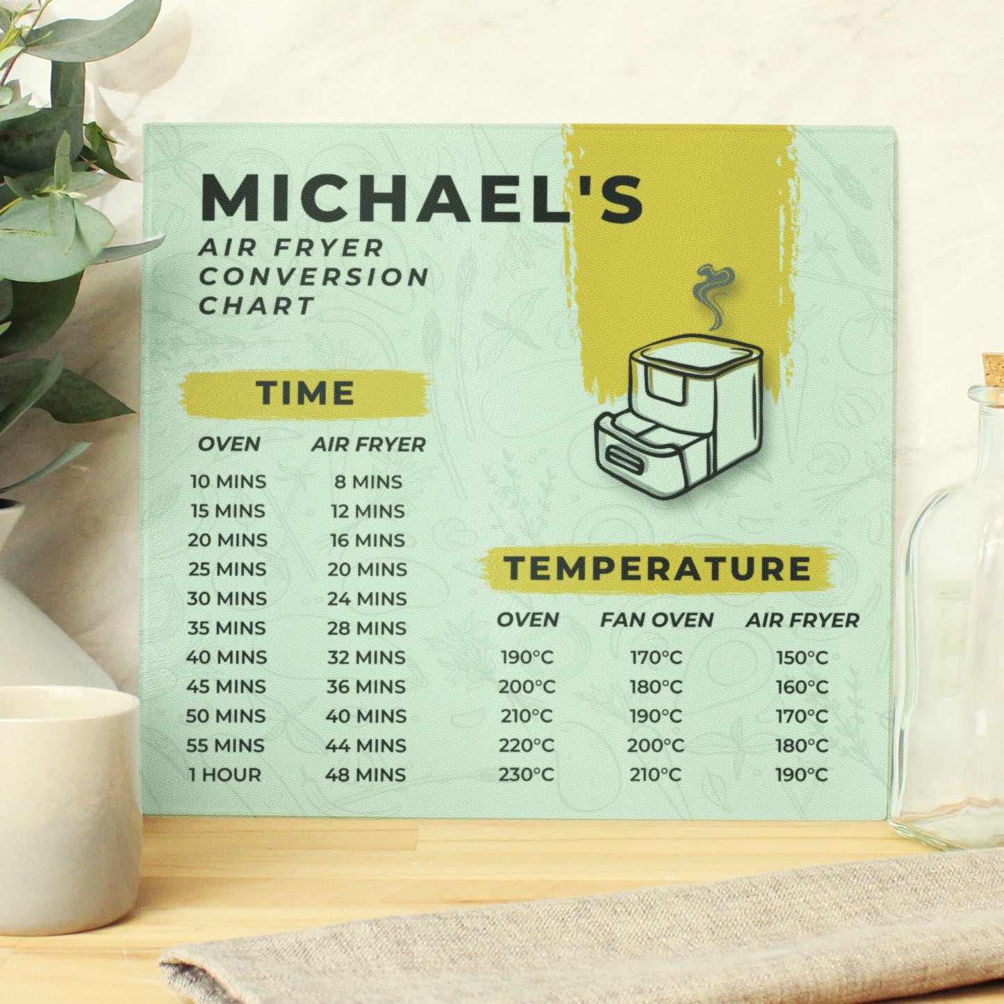Personalised Air Fryer Chart Glass Chopping Board - Personalise It!