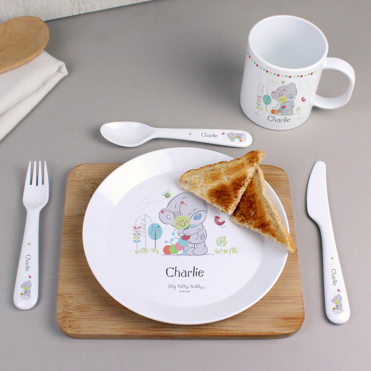 Personalised Tiny Tatty Teddy Cuddle Bug 3 Piece Plastic Cutlery Set - Personalise It!