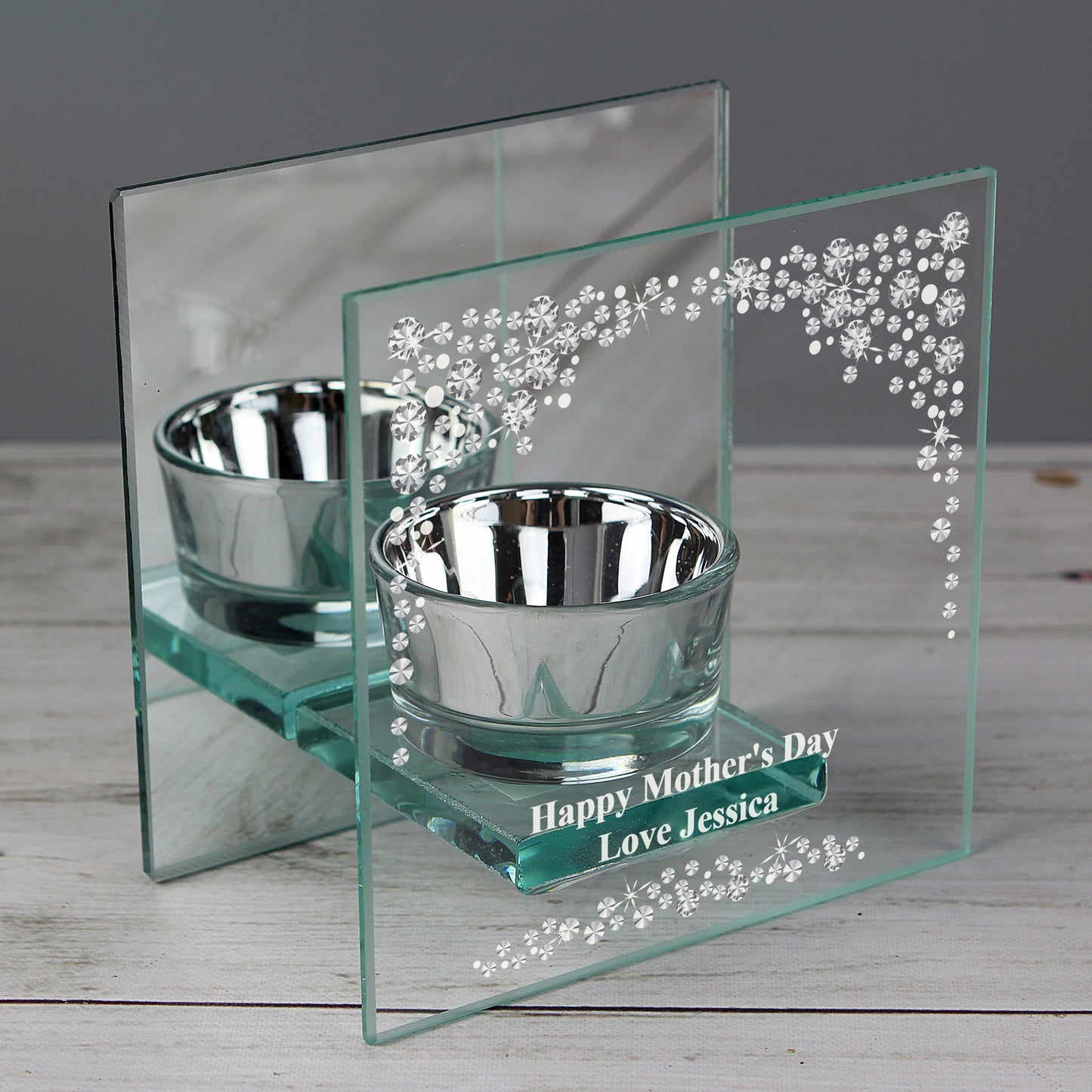 Personalised Diamante Mirrored Glass Tea Light Candle Holder - Personalise It!
