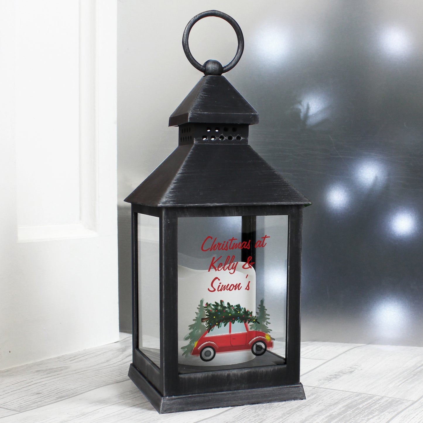 Personalised 'Driving Home For Christmas' Rustic Black Lantern - Personalise It!