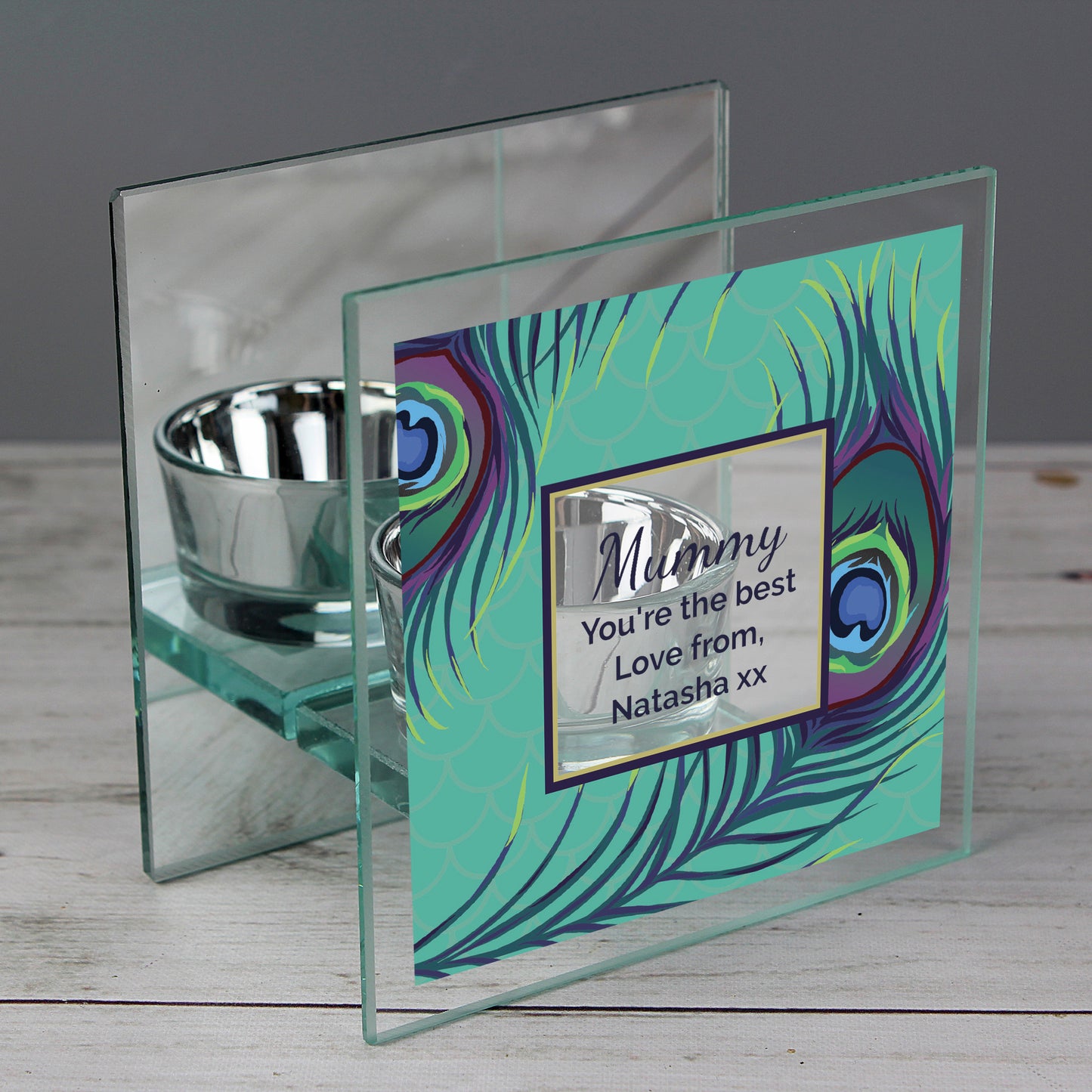 Personalised Peacock Mirrored Glass Tea Light Candle Holder - Personalise It!