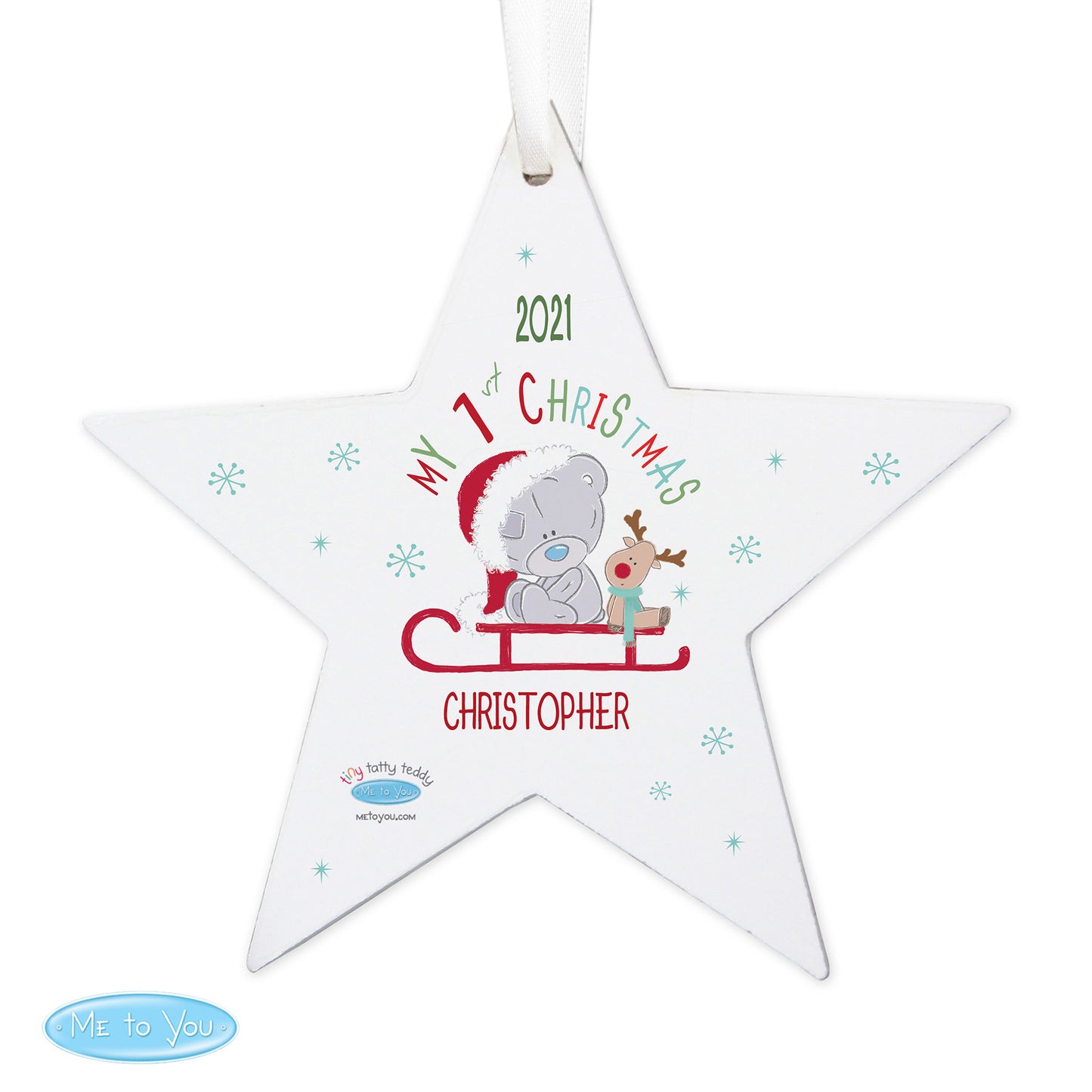 Personalised Tiny Tatty Teddy My 1st Christmas Sleigh Wooden Star Decoration - Personalise It!