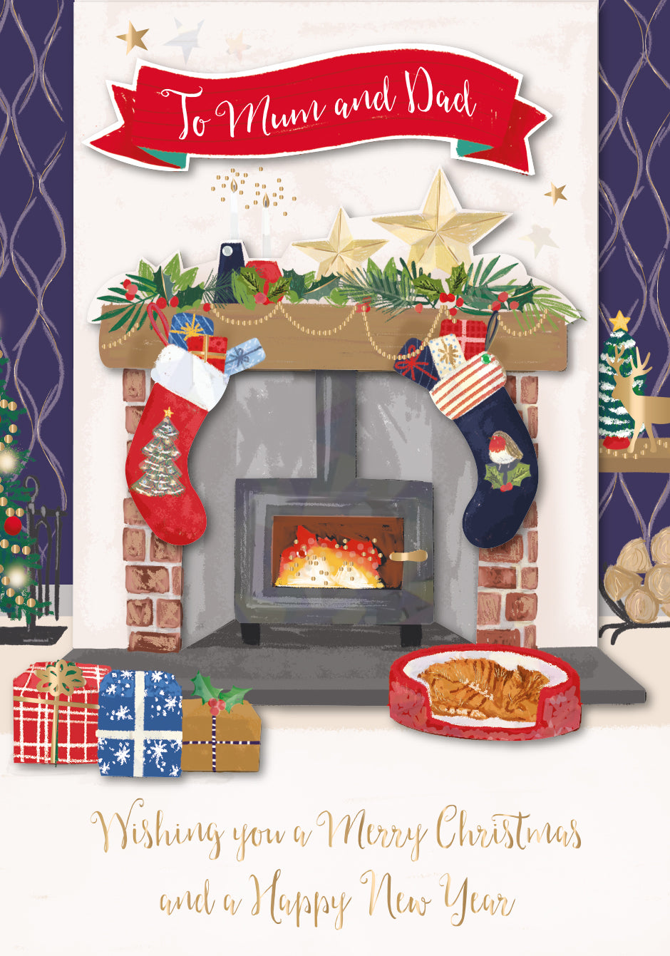 To Mum & Dad Fireplace Embellished Christmas Greeting Card