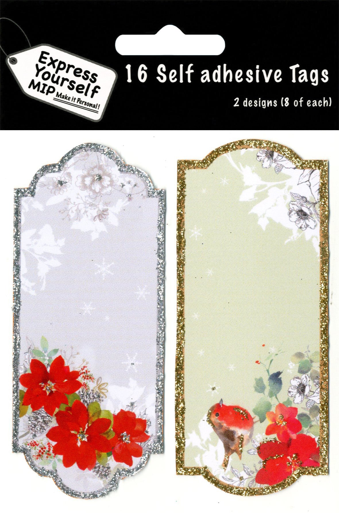 Robin & Poinsettia Christmas Gift Tags Pack Of 16 Self Adhesive Tags