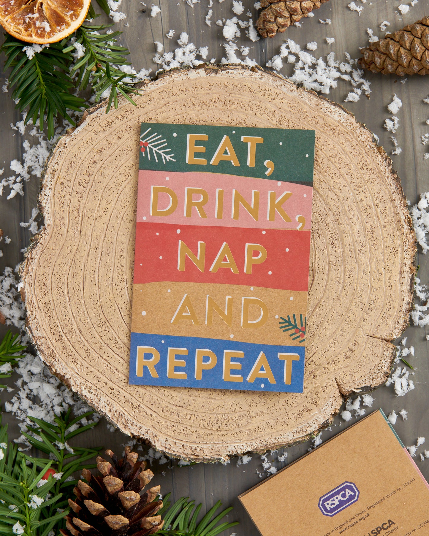 Box of 8 Eat, Drink & Repeat Foiled RSPCA Charity Christmas Cards