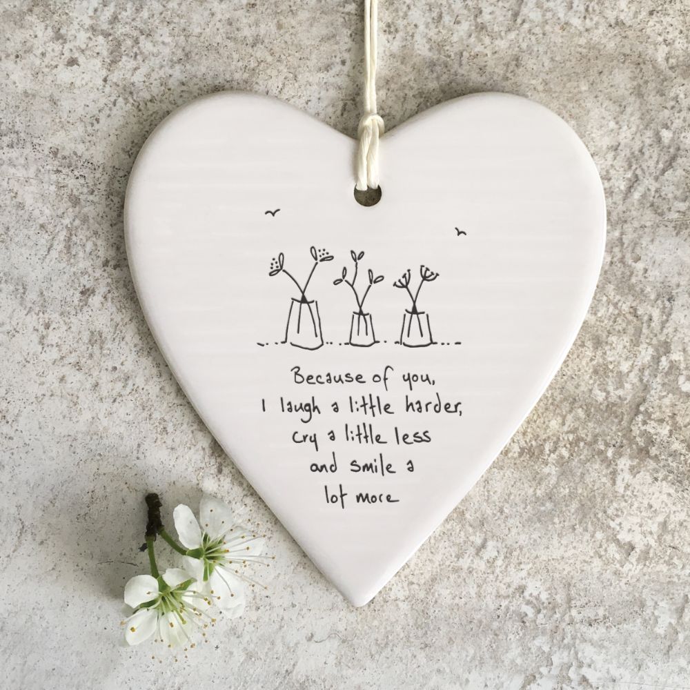 East Of India Smile A Lot More Wobbly Heart Shaped Ceramic Hanging Plaque