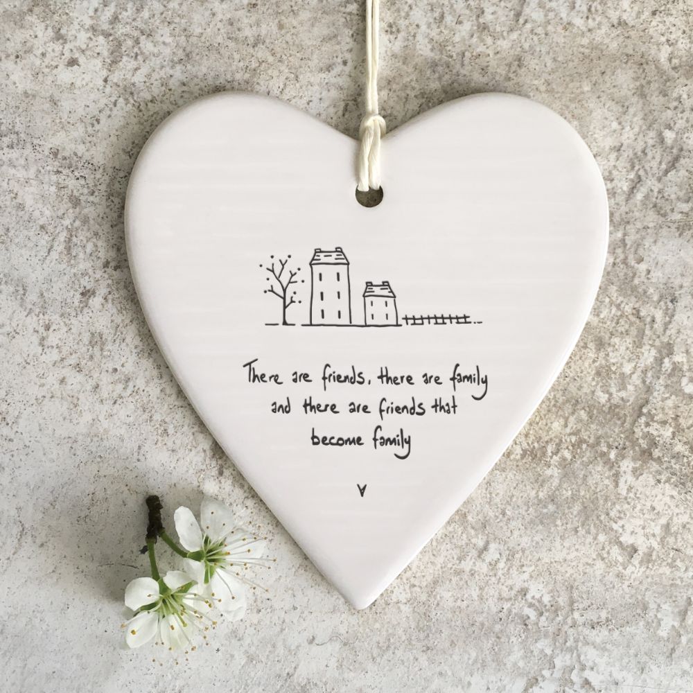 East Of India Friends Can Be Family Wobbly Heart Shaped Ceramic Hanging Plaque