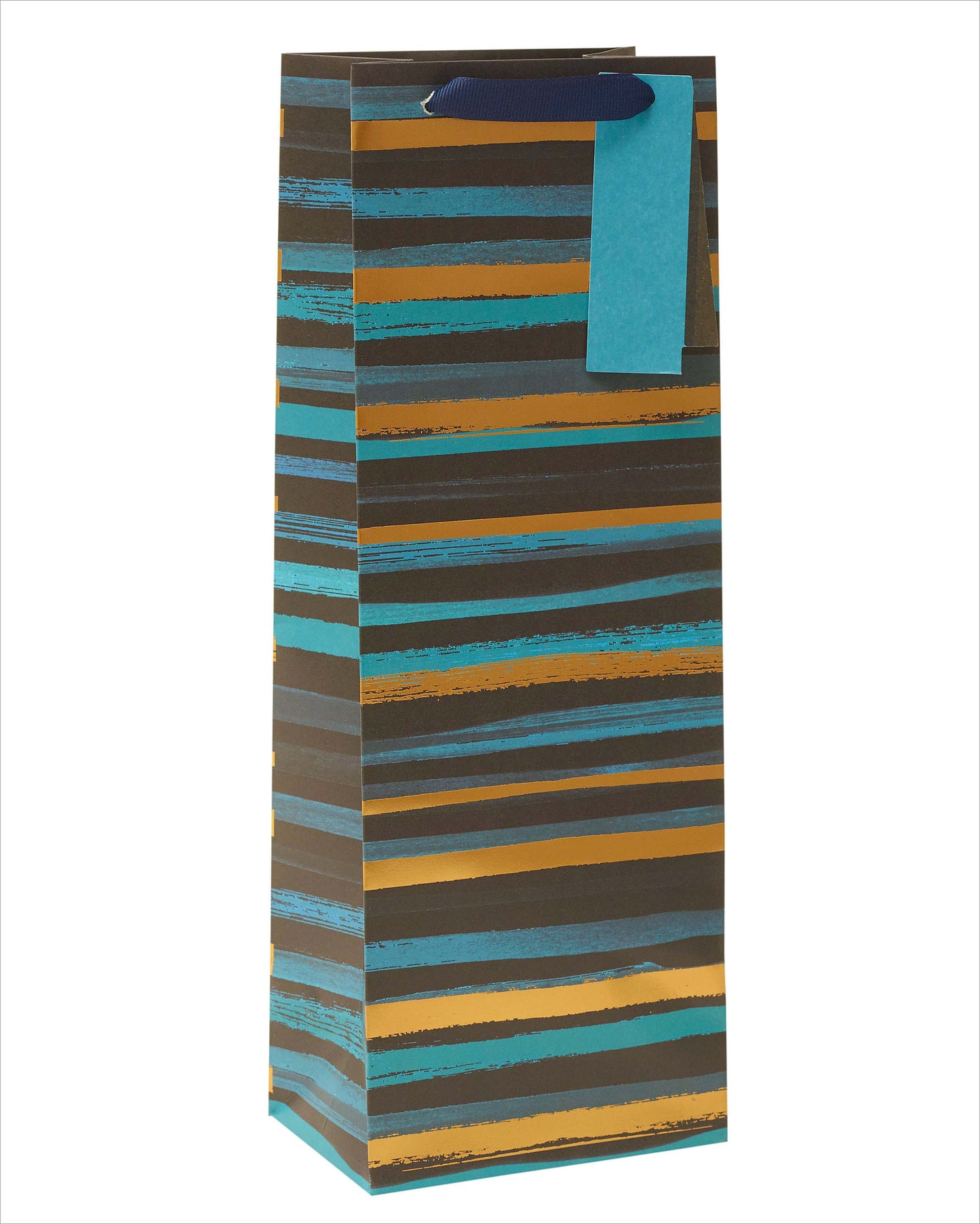 Foil Striped Blue Themed Bottle Gift Bag With Tag