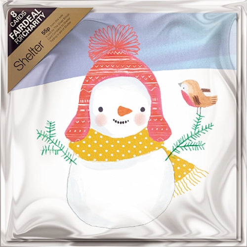 Pack of 8 Snowman & Robin Shelter Fairdeal Charity Christmas Cards