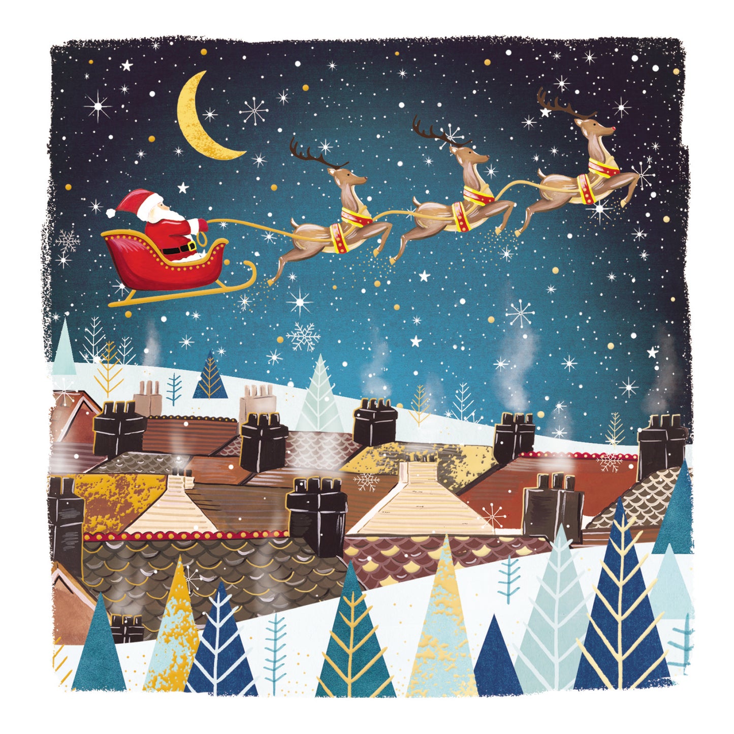 Pack of 8 Santa Flying Over Rooftops Charity Christmas Cards