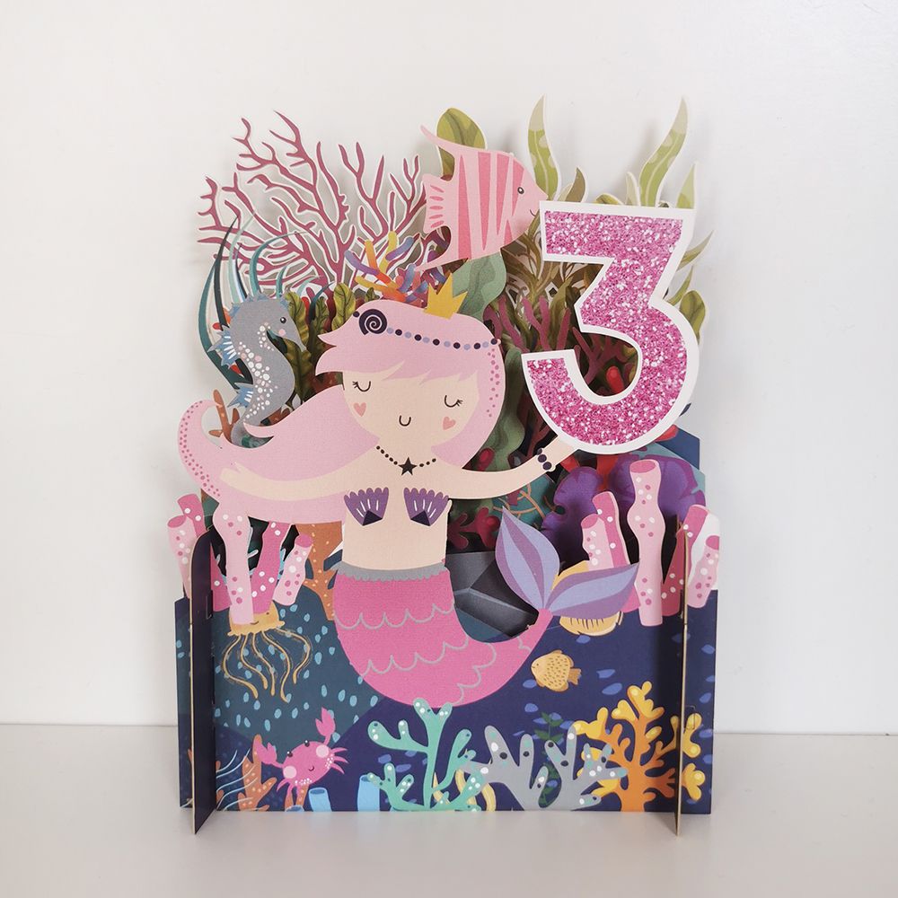 Girls 3rd Birthday Mermaid & Seahorse 3D Pop Up Birthday Greeting Card