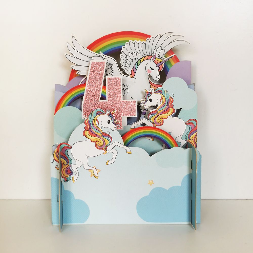 Girls 4th Birthday Flying Unicorn 3D Pop Up Birthday Greeting Card