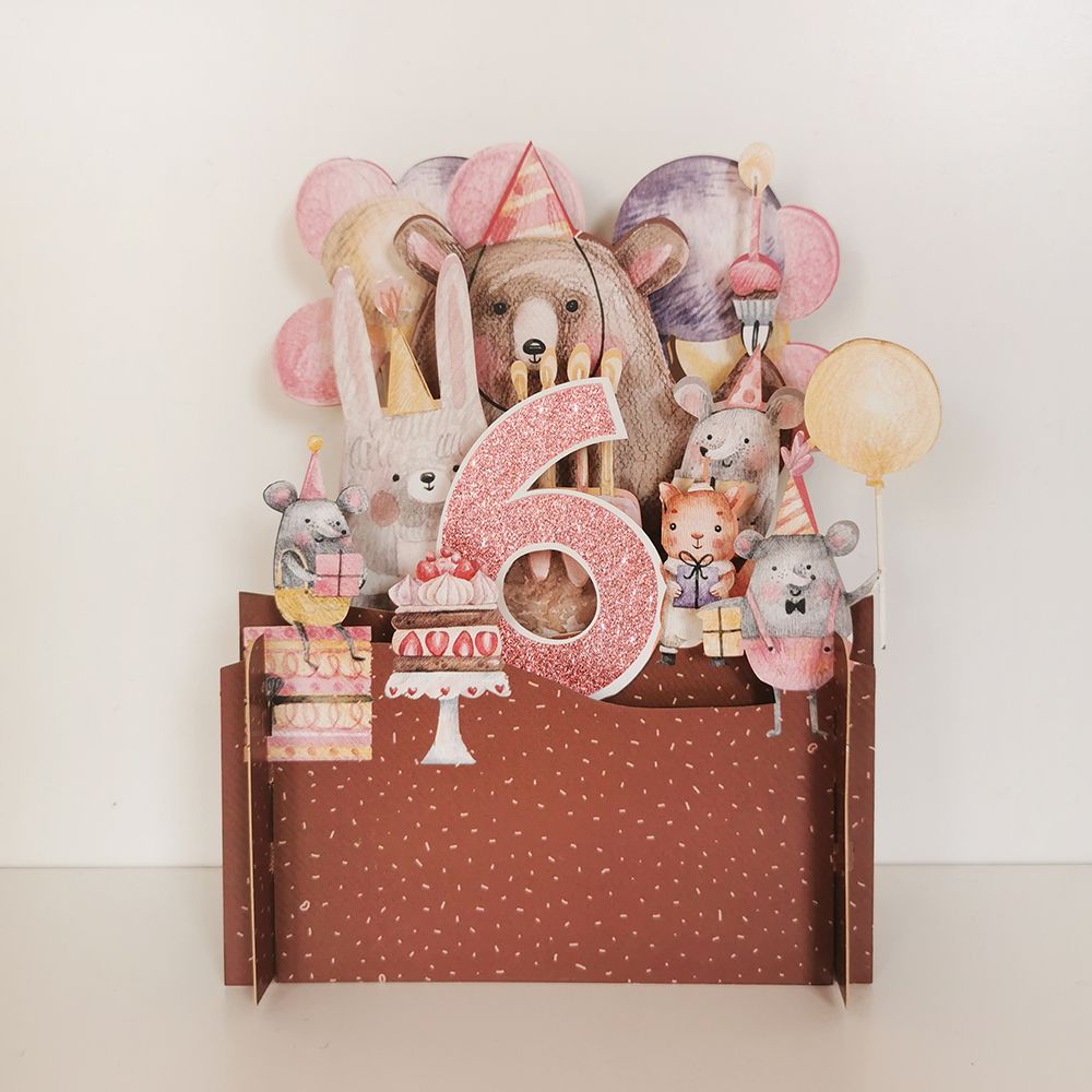Girls 6th Birthday Party Bear 3D Pop Up Birthday Greeting Card