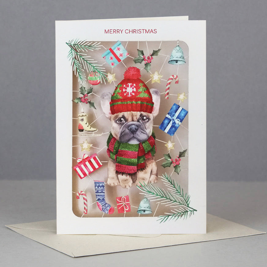 Paper Cut Xmas Cosy Pug Dog Christmas Greeting Card