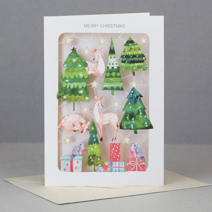 Paper Cut Festive Deer & Xmas Trees Christmas Greeting Card