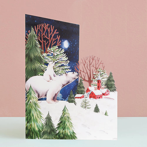 Paper Cut Art Polar Bear & Cub At Night Christmas Greeting Card