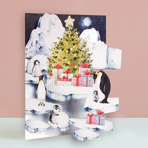 Paper Cut Art Penguins Around Xmas Tree Christmas Greeting Card