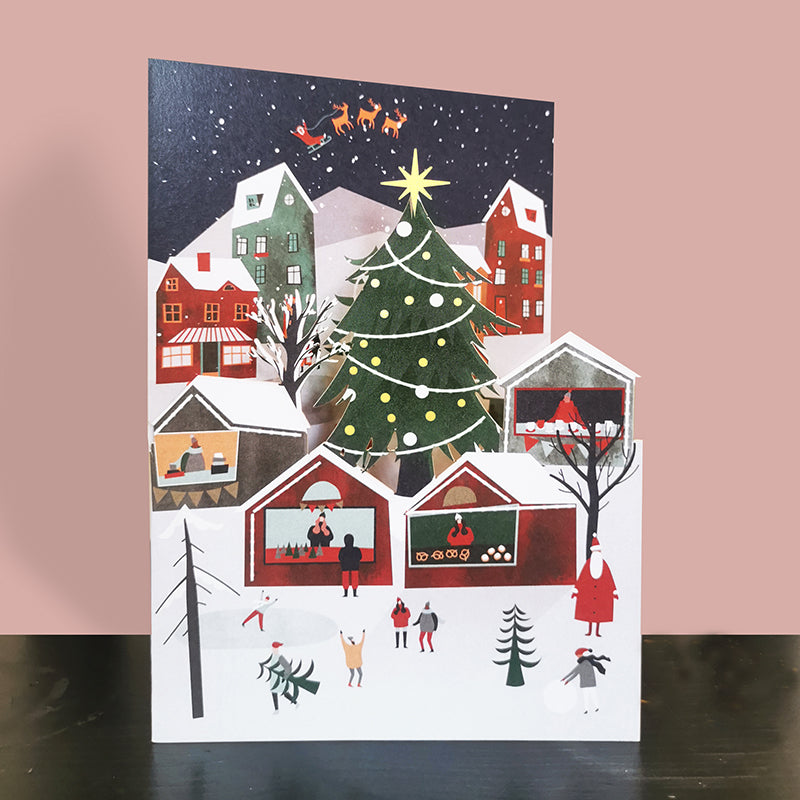 Paper Cut Art Festive Xmas Market Christmas Greeting Card