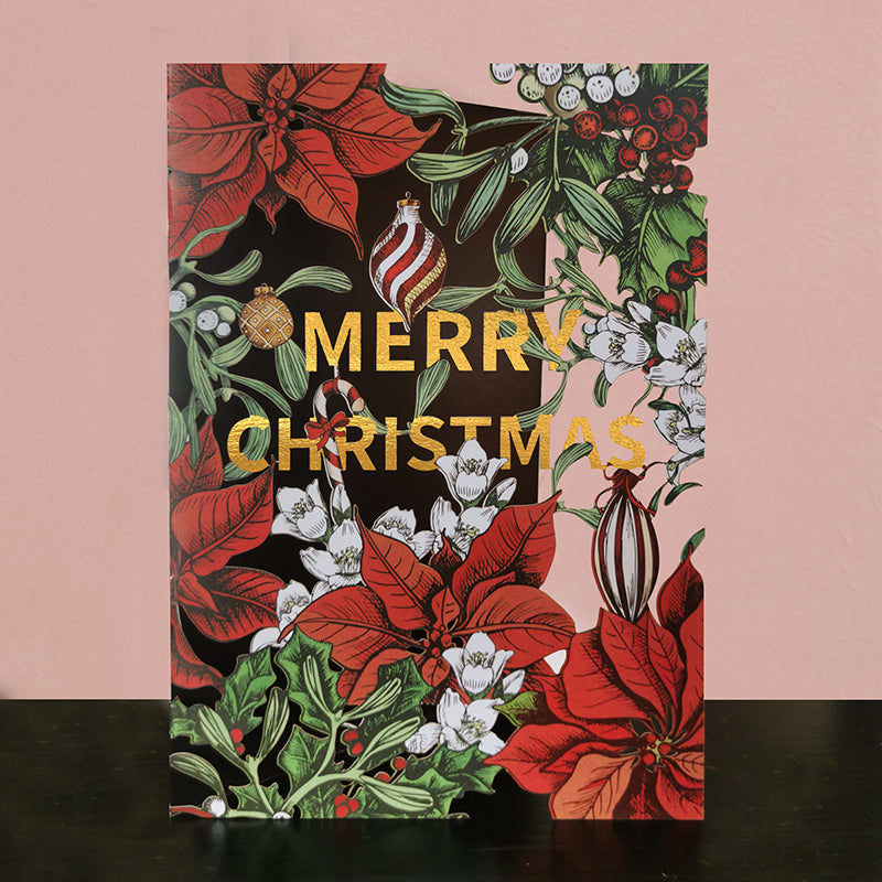 Paper Cut Art Festive Poinsettia Plant Christmas Greeting Card