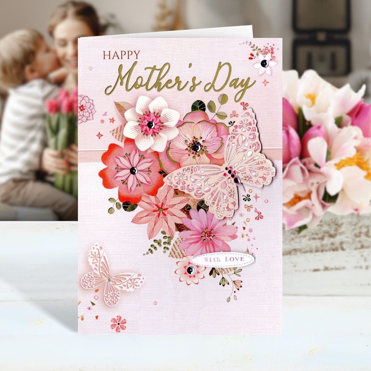 Mother's Day With Love Fluttering Floral Mother's Day Handmade Greeting Card