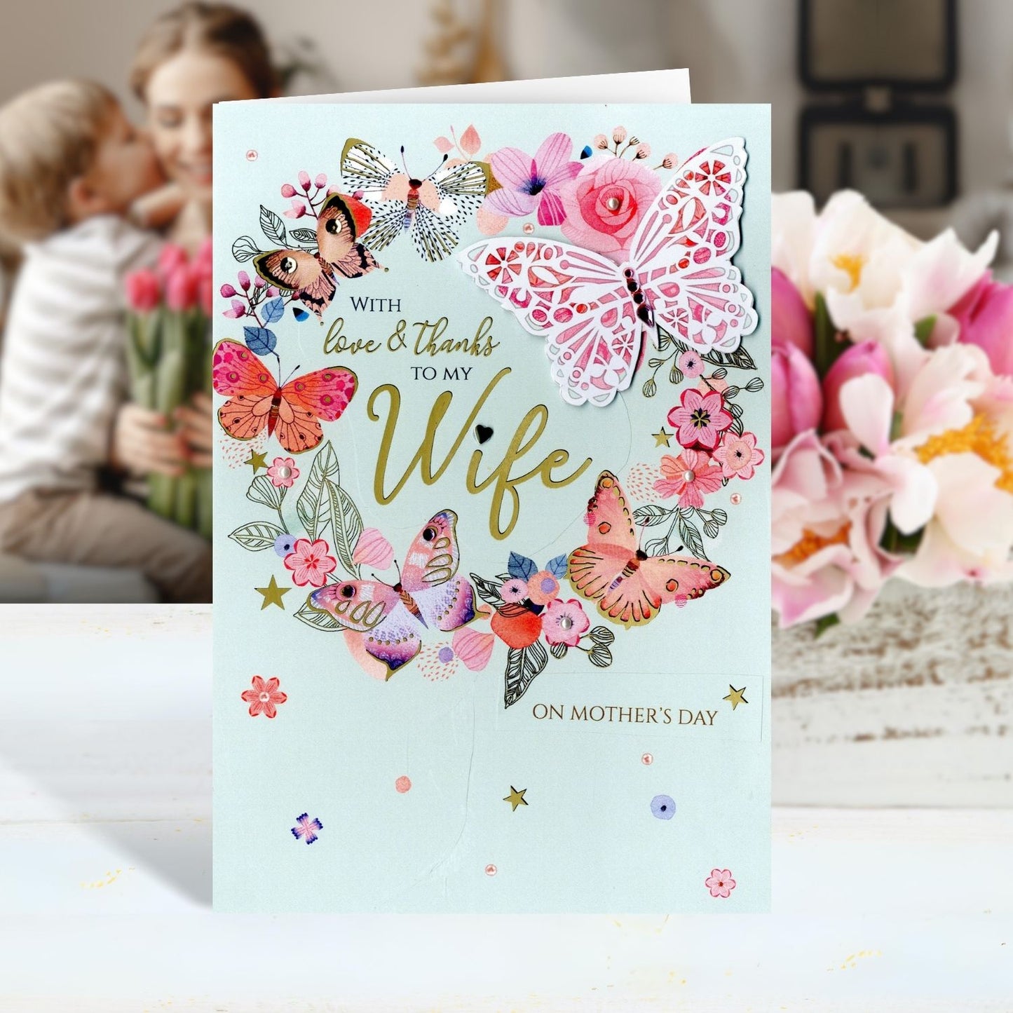 To My Wife On Mother's Day Fluttering With Elegance! Hand-Finished Greeting Card