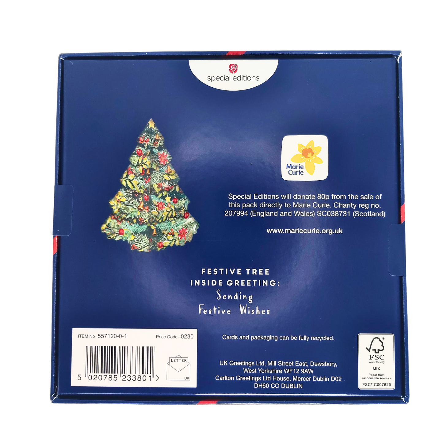 Box of 6 3D Die Cut Xmas Tree Marie Curie Charity Christmas Cards