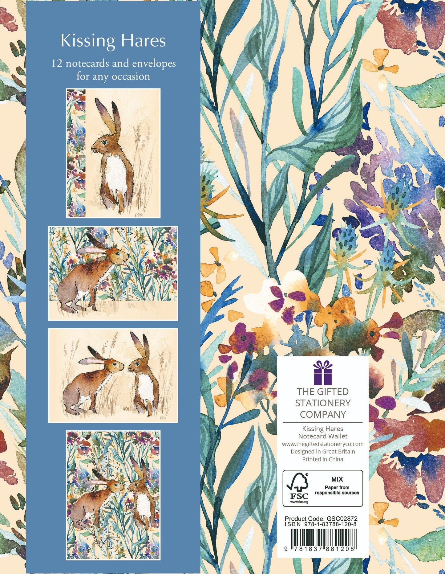 Gifted Stationery Kissing Hares 12 Notecards & Envelopes In Wallet