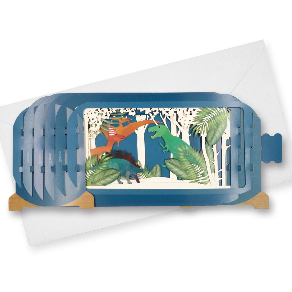 Message In A Bottle Dinosaur Party Pop Up Birthday Greeting Card