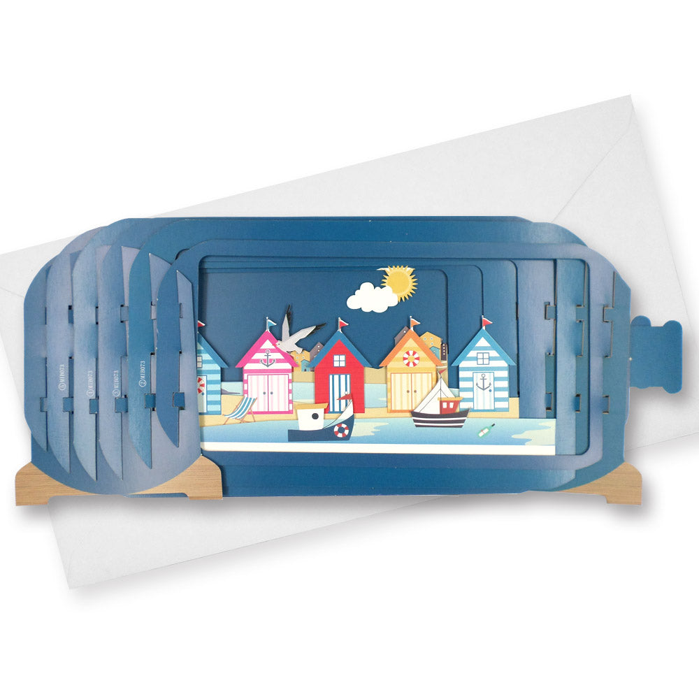 Message In A Bottle Beach Huts Pop Up Birthday Greeting Card