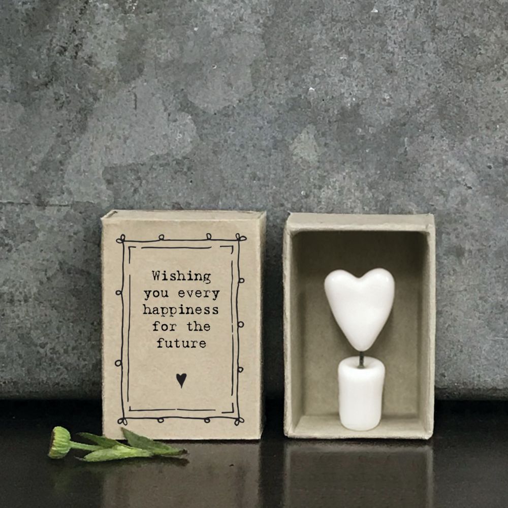 East Of India Happiness Matchbox With Ceramic Heart In A Pot Inside
