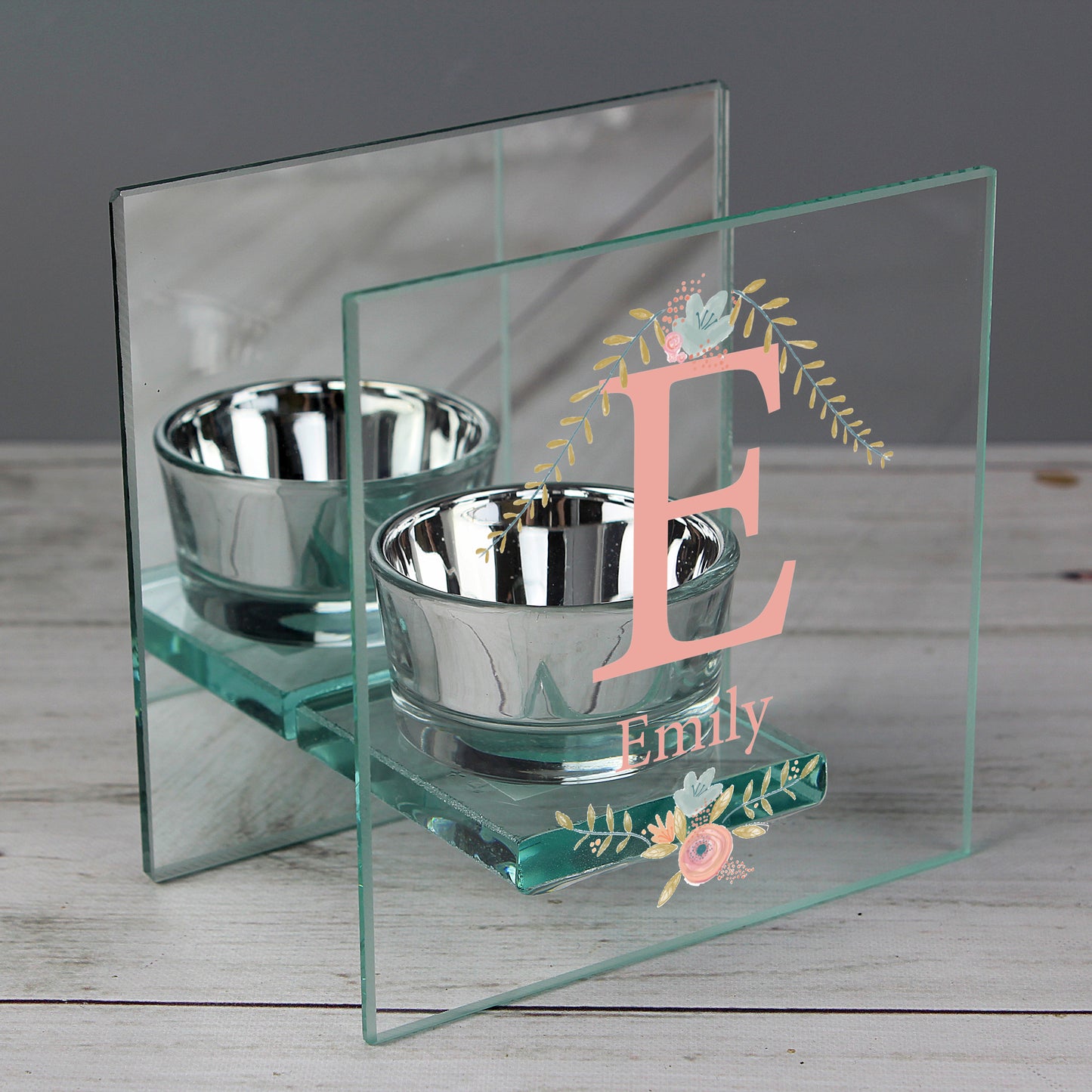 Personalised Floral Bouquet Mirrored Glass Tea Light Candle Holder - Personalise It!