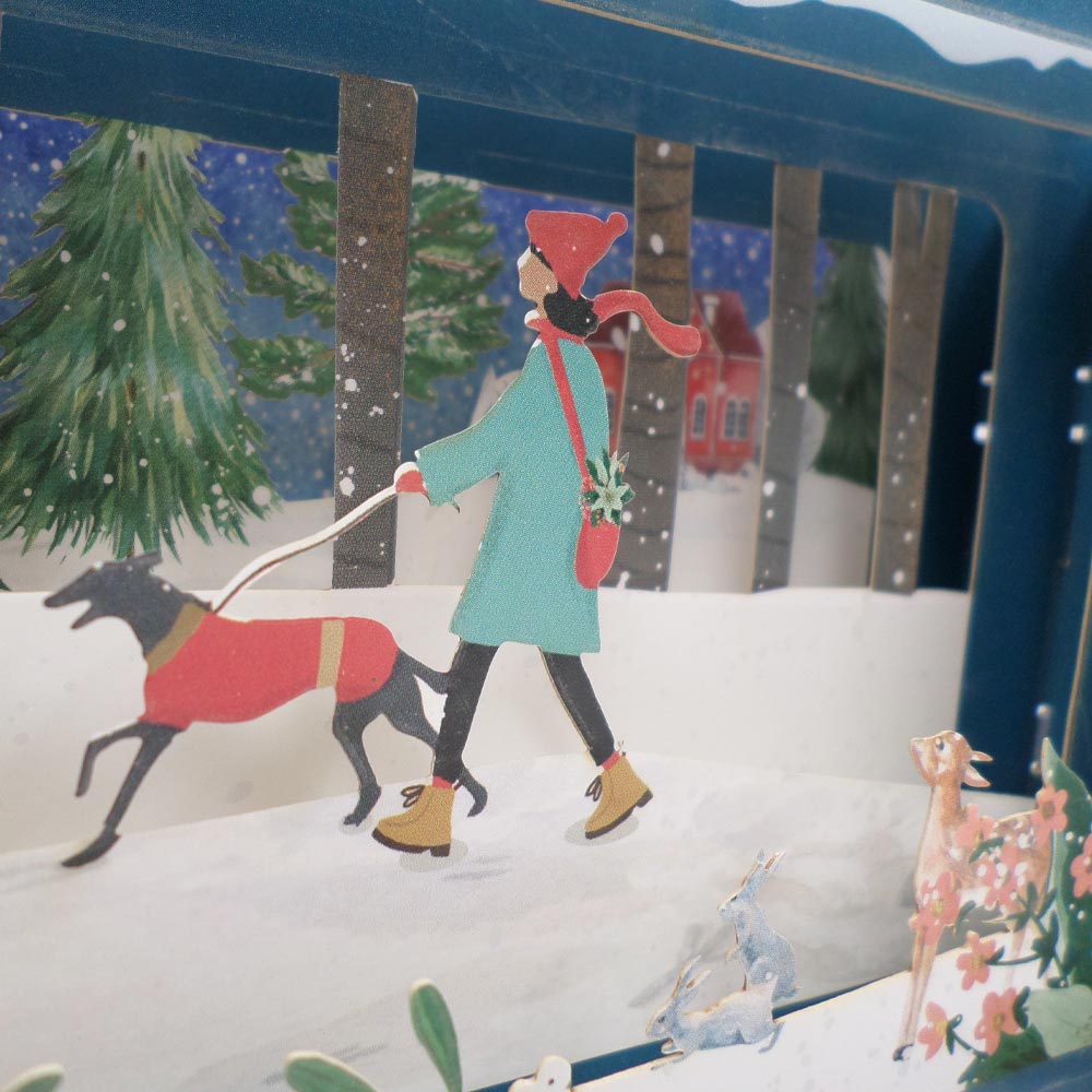 Message In A Bottle Snowy Woodland Dog Walk Pop Up Christmas Card