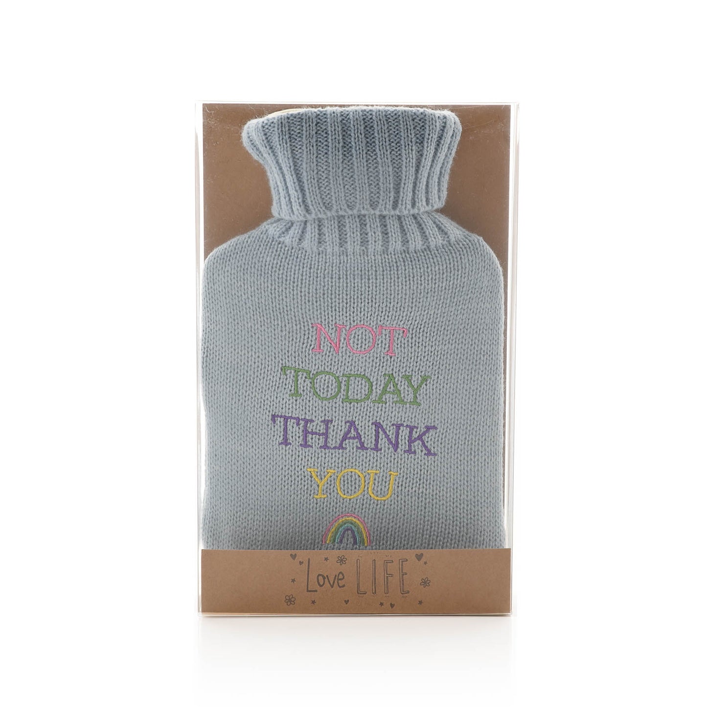 Not Today Thank You Rainbow Blue Hot Water Bottle With Knitted Cover