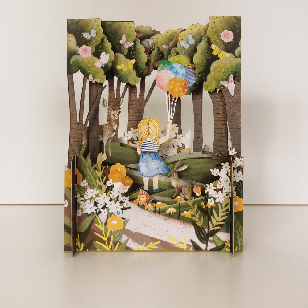 Little Girl Playing Balloons 3D Pop Up Any Occasion Greeting Card