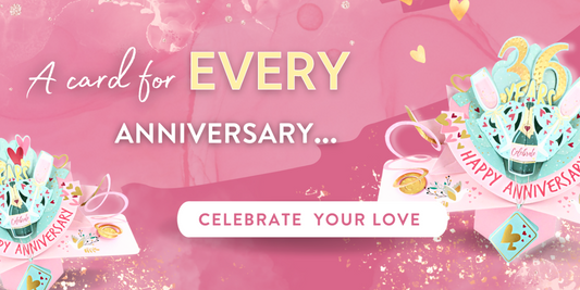 Pop up cards and more for milestone anniversaries in a rosy pink for her