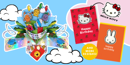 Love Kate's character collection featuring a colourful Mr. Men Little Miss pop up card floating on cartoon clouds and a Hello Kitty and Miffy birthday greeting card on a pink cloud
