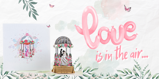 Love is in the air pink bubble writing with watercolour butterflies and leaves and a romantic 3D card