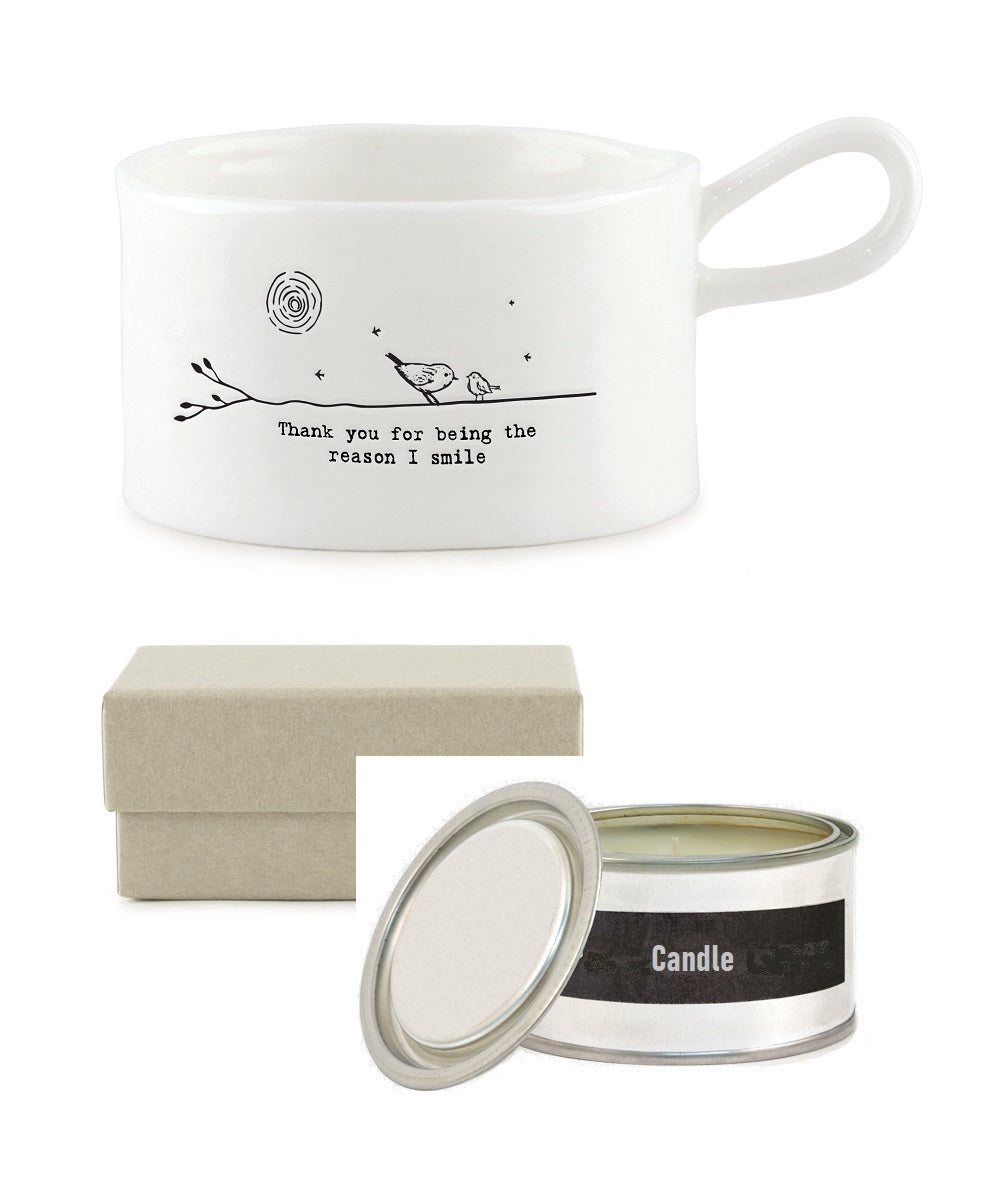 East Of India Thank You The Reason I Smile Candle In A Tin Inside Handled Candle Holder