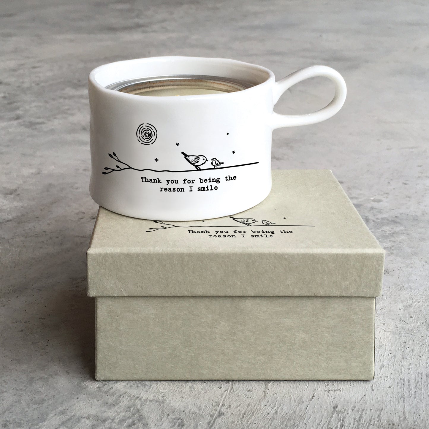 East Of India Thank You The Reason I Smile Candle In A Tin Inside Handled Candle Holder