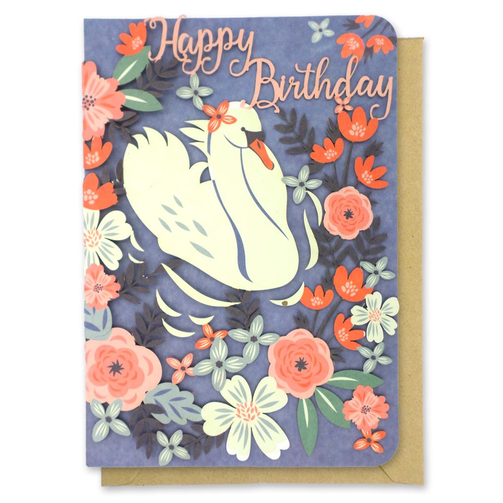 Paper Cut Art Floral Swan Laser Cut Birthday Greeting Card