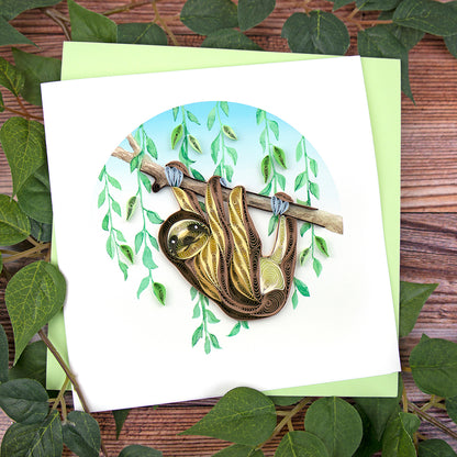 Quilling Sloth On A Branch Lazy Leaf Lounger Hand-Finished Art Greeting Card