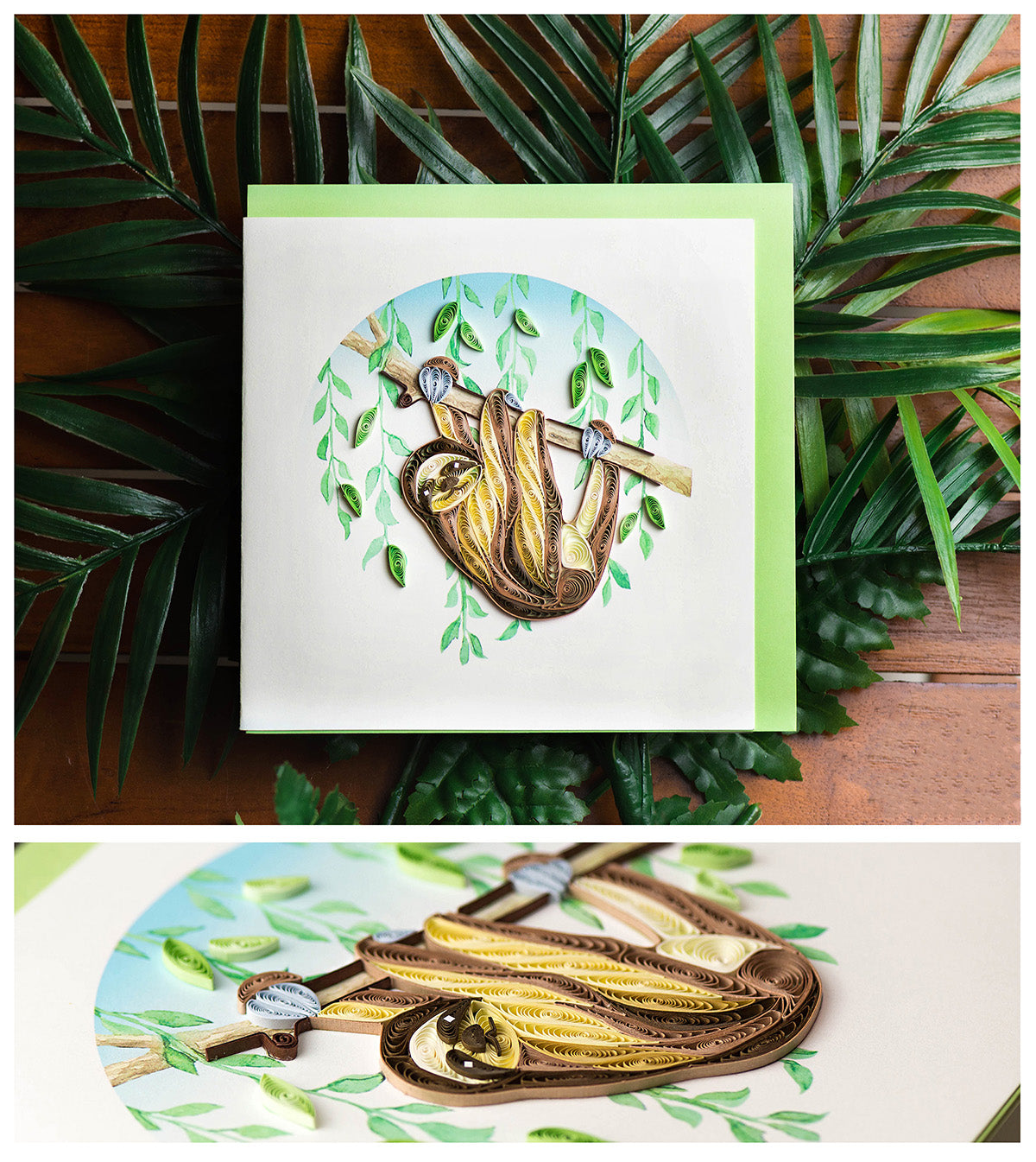 Quilling Sloth On A Branch Lazy Leaf Lounger Hand-Finished Art Greeting Card