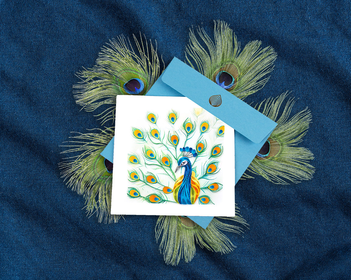 Quilling Bright Peacock Bird Feather Fun Hand-Finished Art Greeting Card