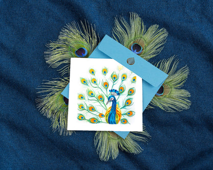 Quilling Bright Peacock Bird Feather Fun Hand-Finished Art Greeting Card