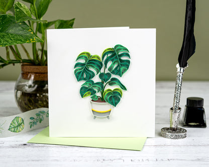 Quilling Green Monstera Pot Plant  Lover Hand-Finished Art Greeting Card