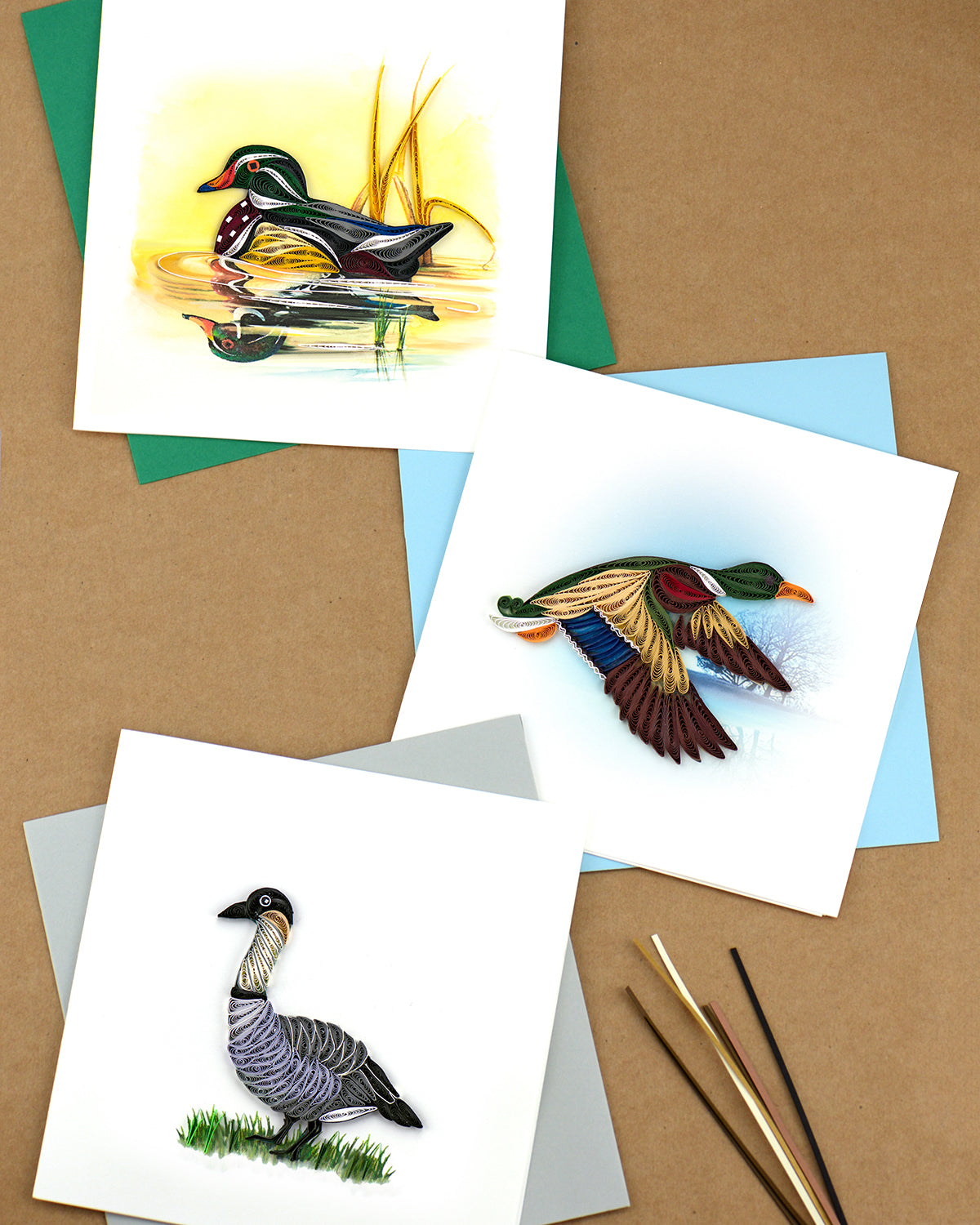 Quilling Mallard Duck In Flight Quacking Adventure Hand-Finished Greeting Card